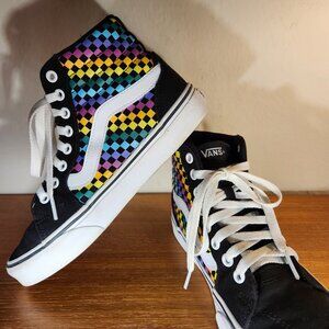 VANS Rainbow Checkerboard Old Skool Sk8-Hi Canvas Black/White Women (6.5)